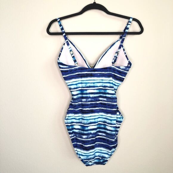 NWT La Blanca Twist Front Keyhole Slimming Fit One Piece Swimsuit Blue Size 6 - Picture 4 of 8